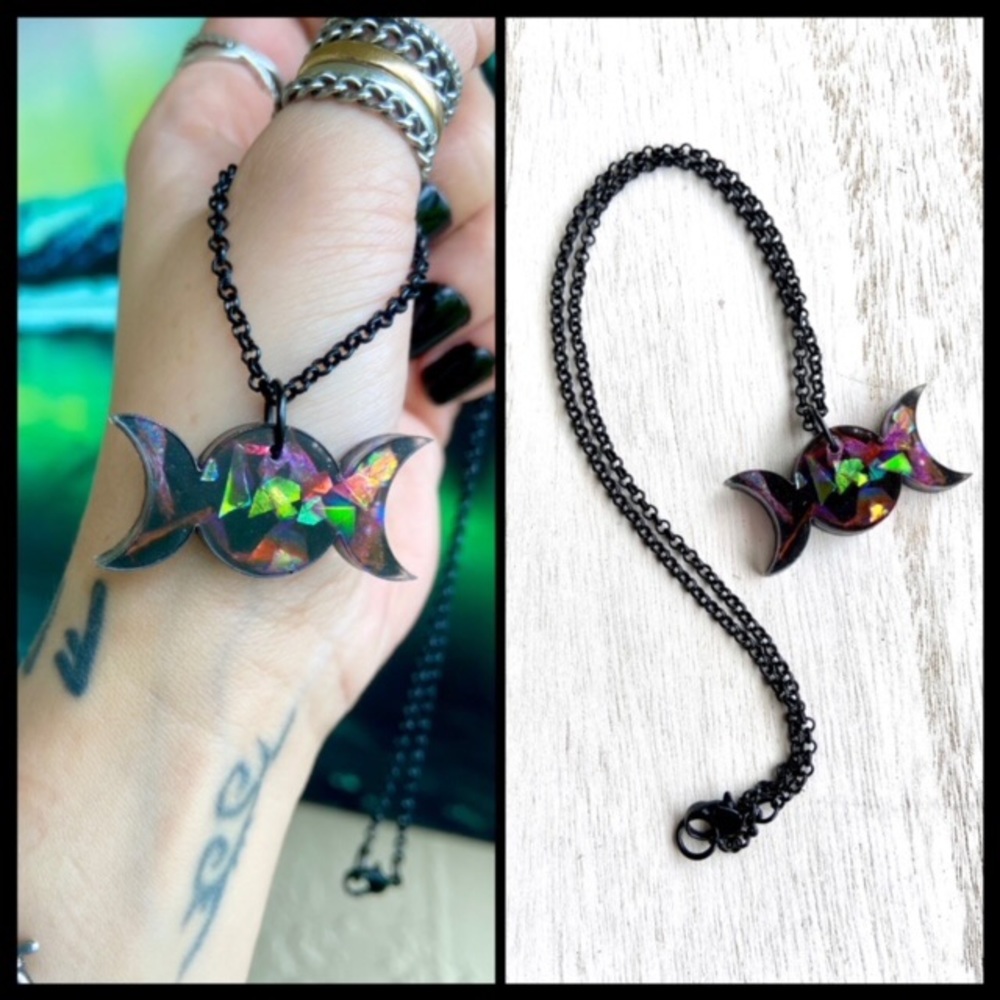 Moon phase resin iridescent glitter necklace
